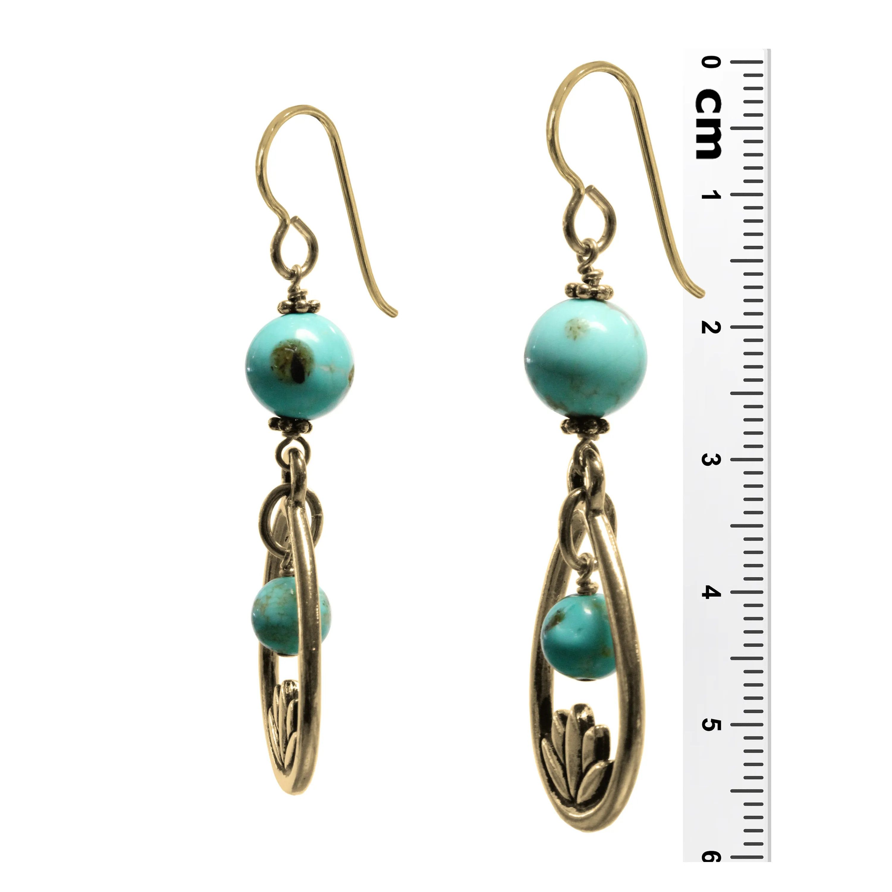 Lotus Earrings / 58mm length / #8 Mine turquoise gemstones / gold filled hook earwires