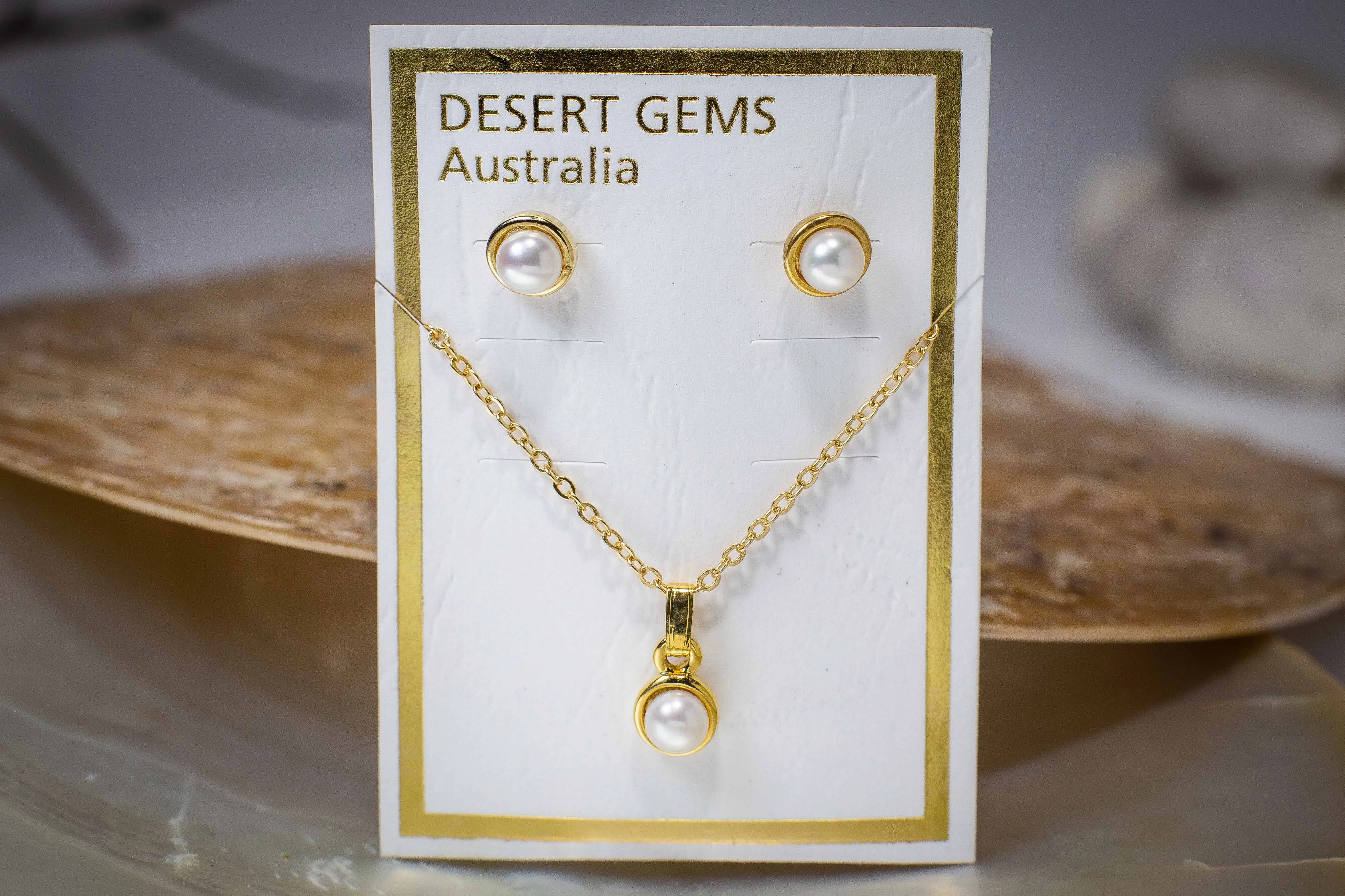 Lustrous Pearl Classic Round Stud Gold Earrings & Pendant Set