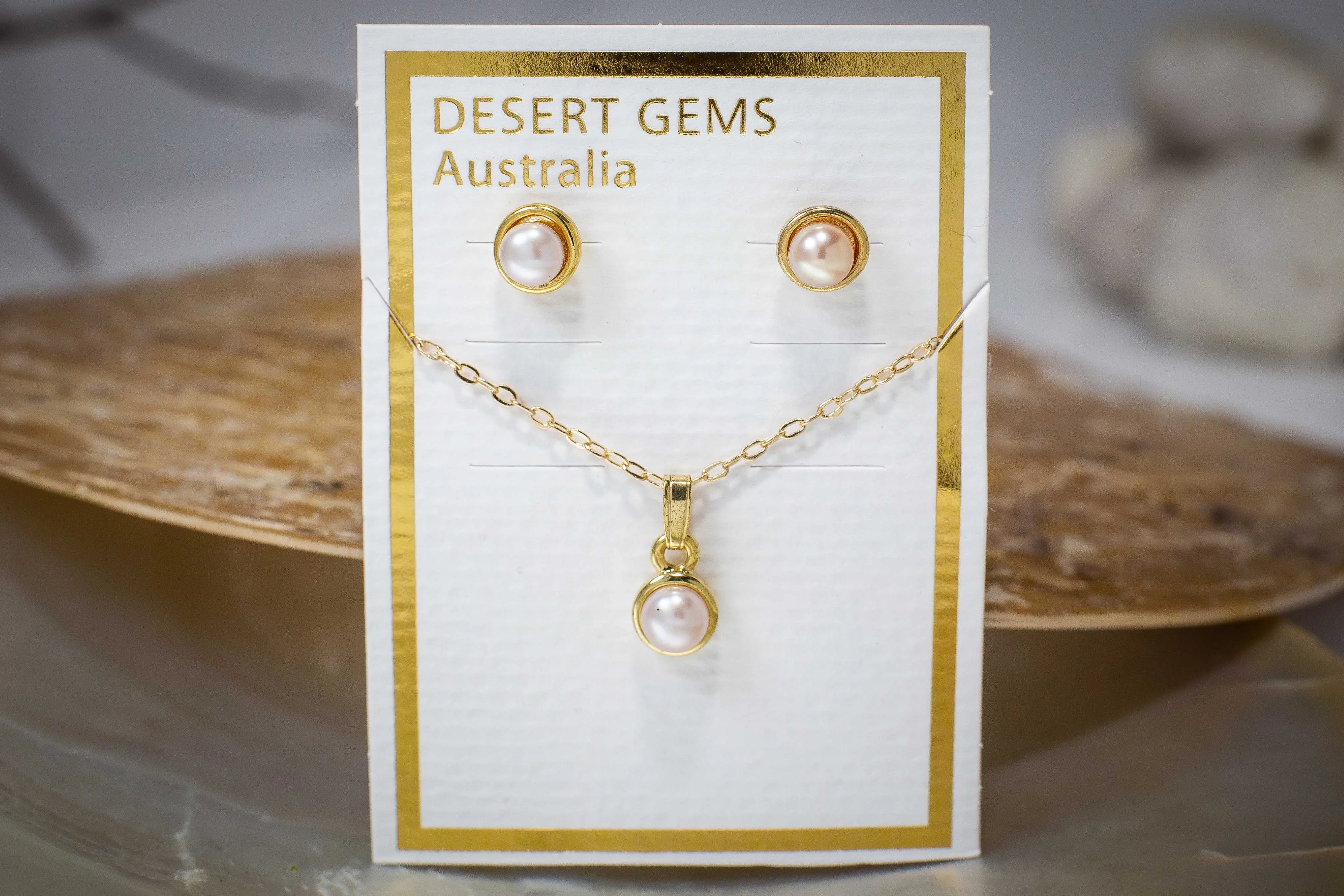 Lustrous Pearl Classic Round Stud Gold Earrings & Pendant Set