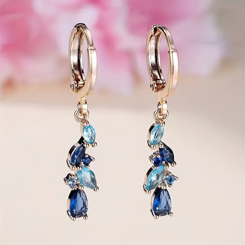 Luxury Blue Zircon Leaf Pendant Earrings