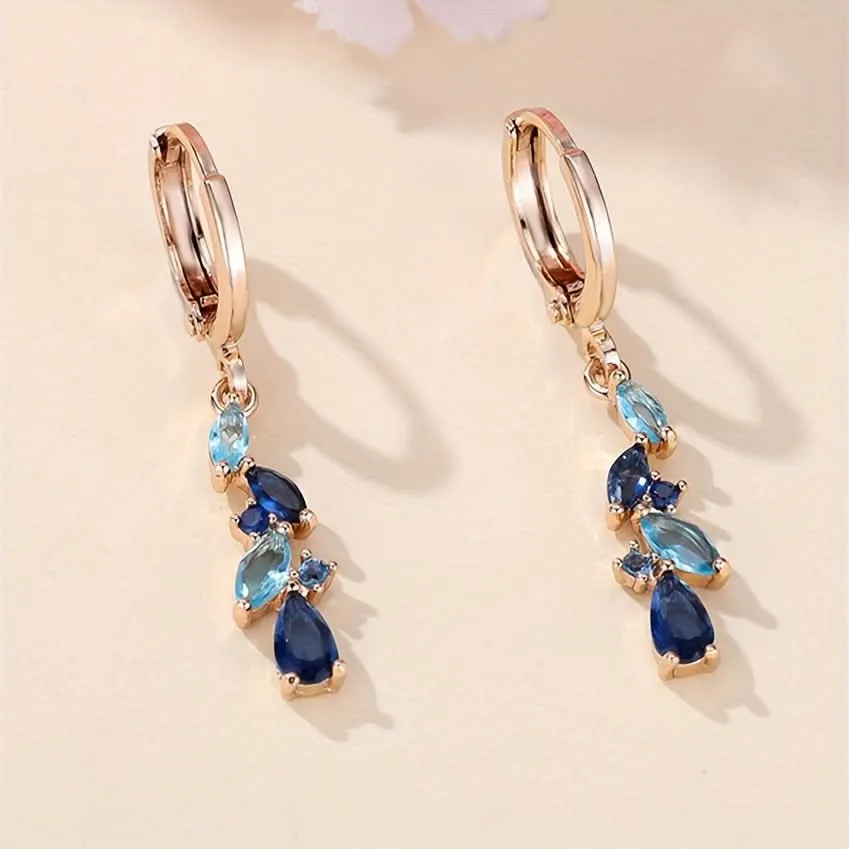 Luxury Blue Zircon Leaf Pendant Earrings