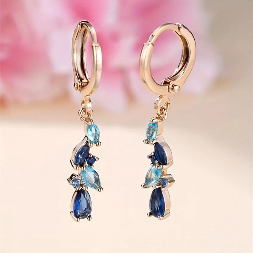 Luxury Blue Zircon Leaf Pendant Earrings