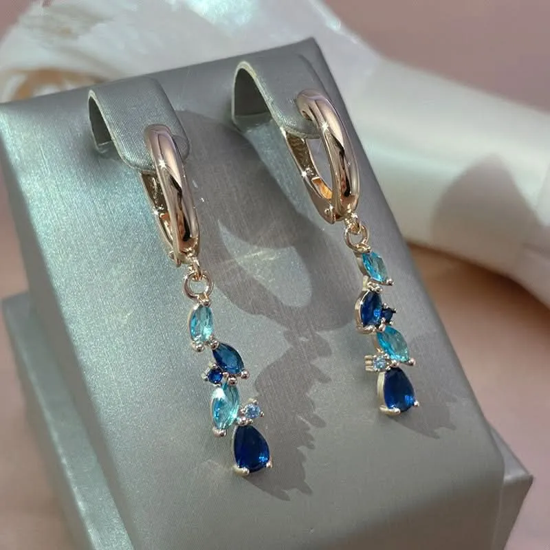 Luxury Blue Zircon Leaf Pendant Earrings
