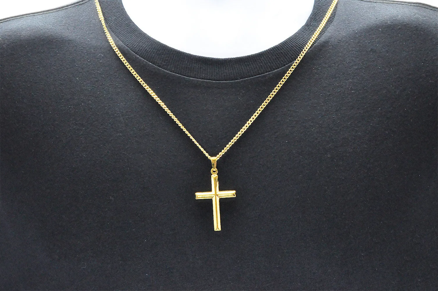 Mens Gold Stainless Steel Cross Pendant With 24" Curb Chain