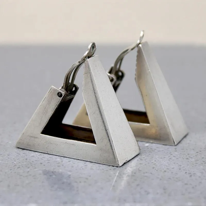 Monumental Mid Century Triangle Hoops in Mexican Silver