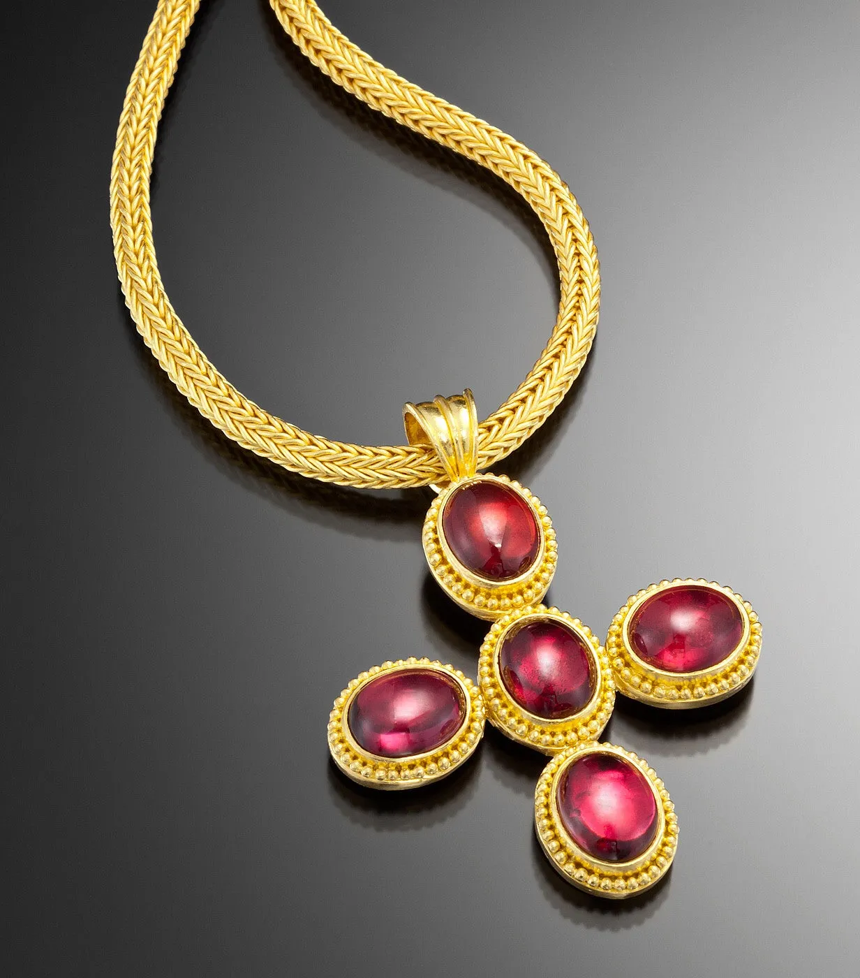 necklace  / gold 22k hand woven chain   Rhodolite cabochons pendant