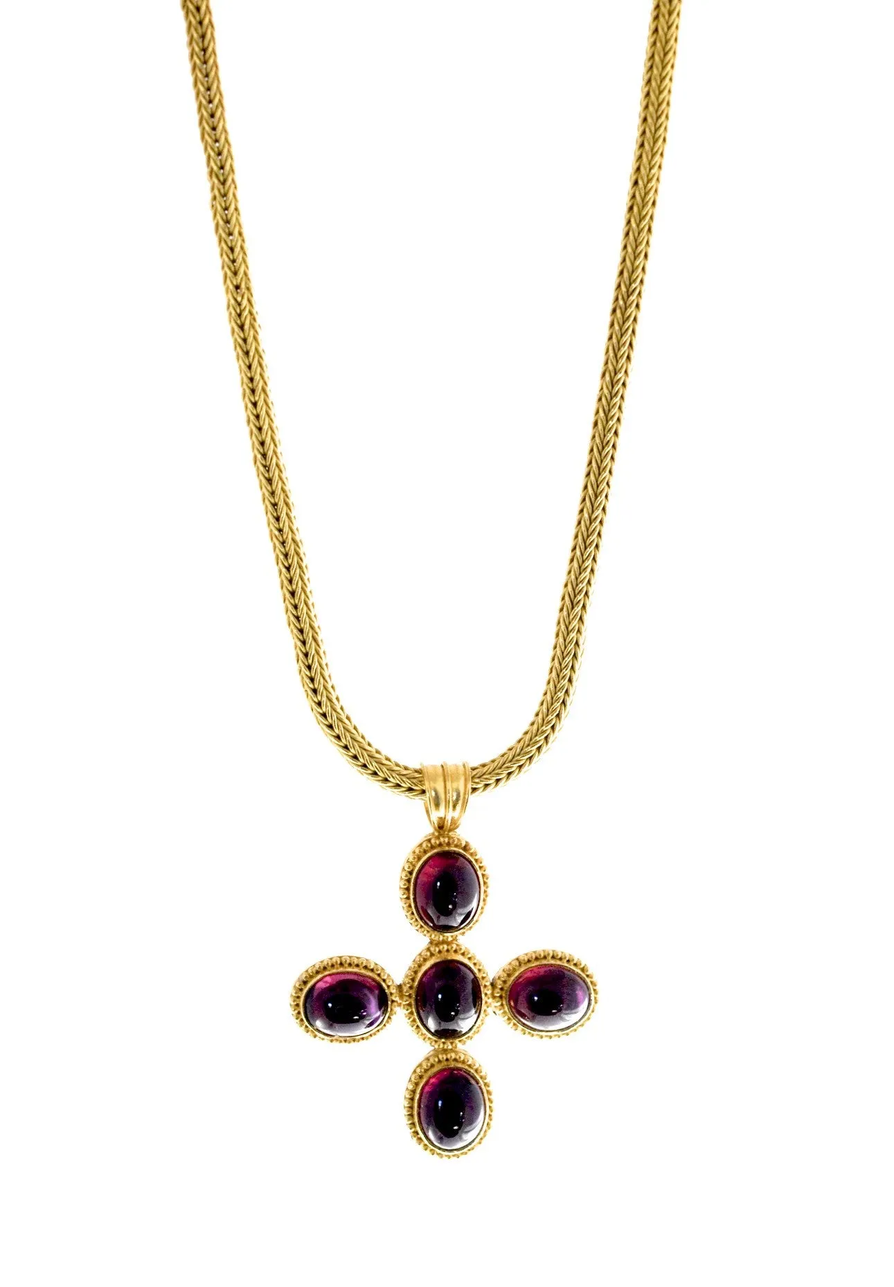 necklace  / gold 22k hand woven chain   Rhodolite cabochons pendant