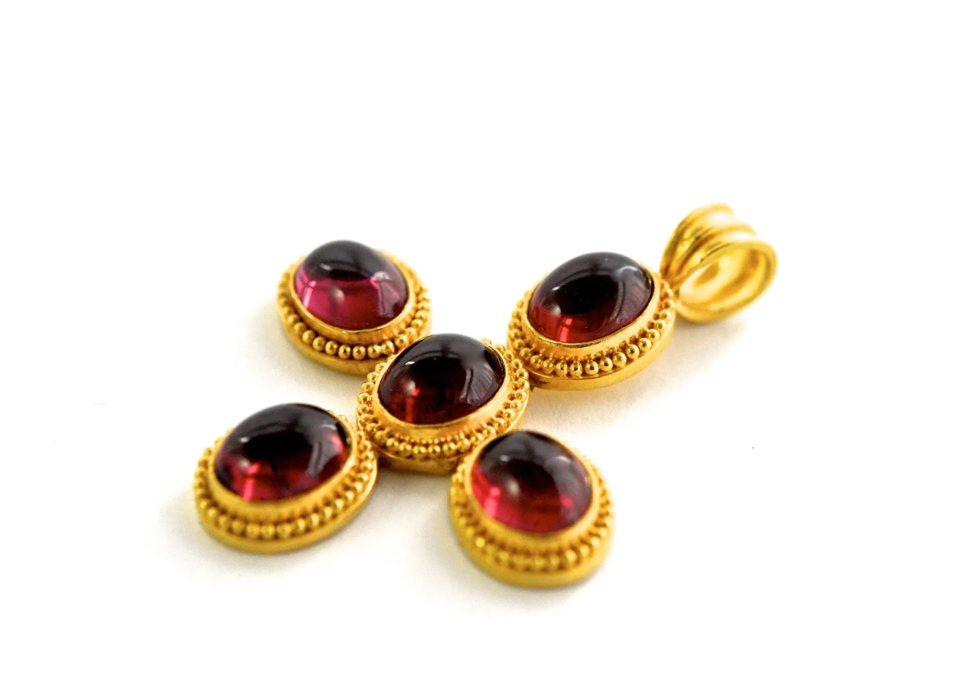 necklace  / gold 22k hand woven chain   Rhodolite cabochons pendant