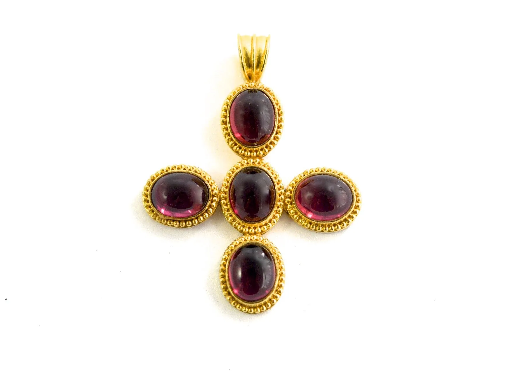 necklace  / gold 22k hand woven chain   Rhodolite cabochons pendant