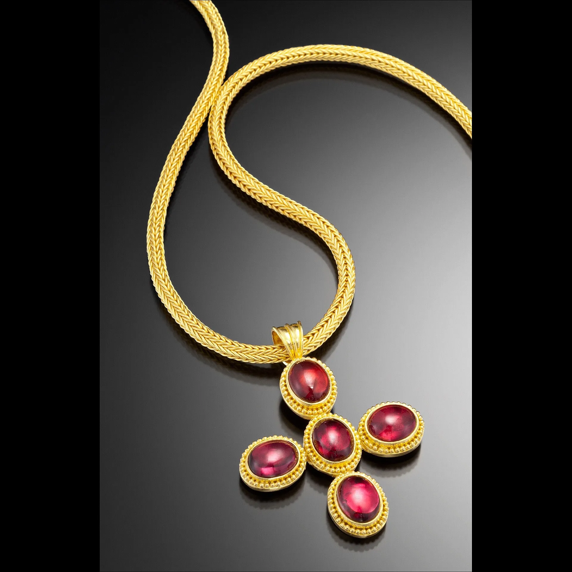 necklace  / gold 22k hand woven chain   Rhodolite cabochons pendant