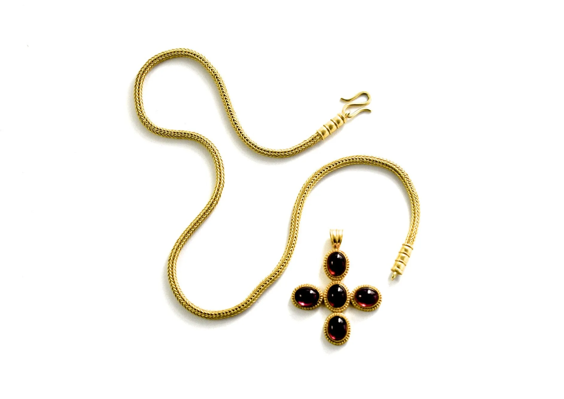 necklace  / gold 22k hand woven chain   Rhodolite cabochons pendant