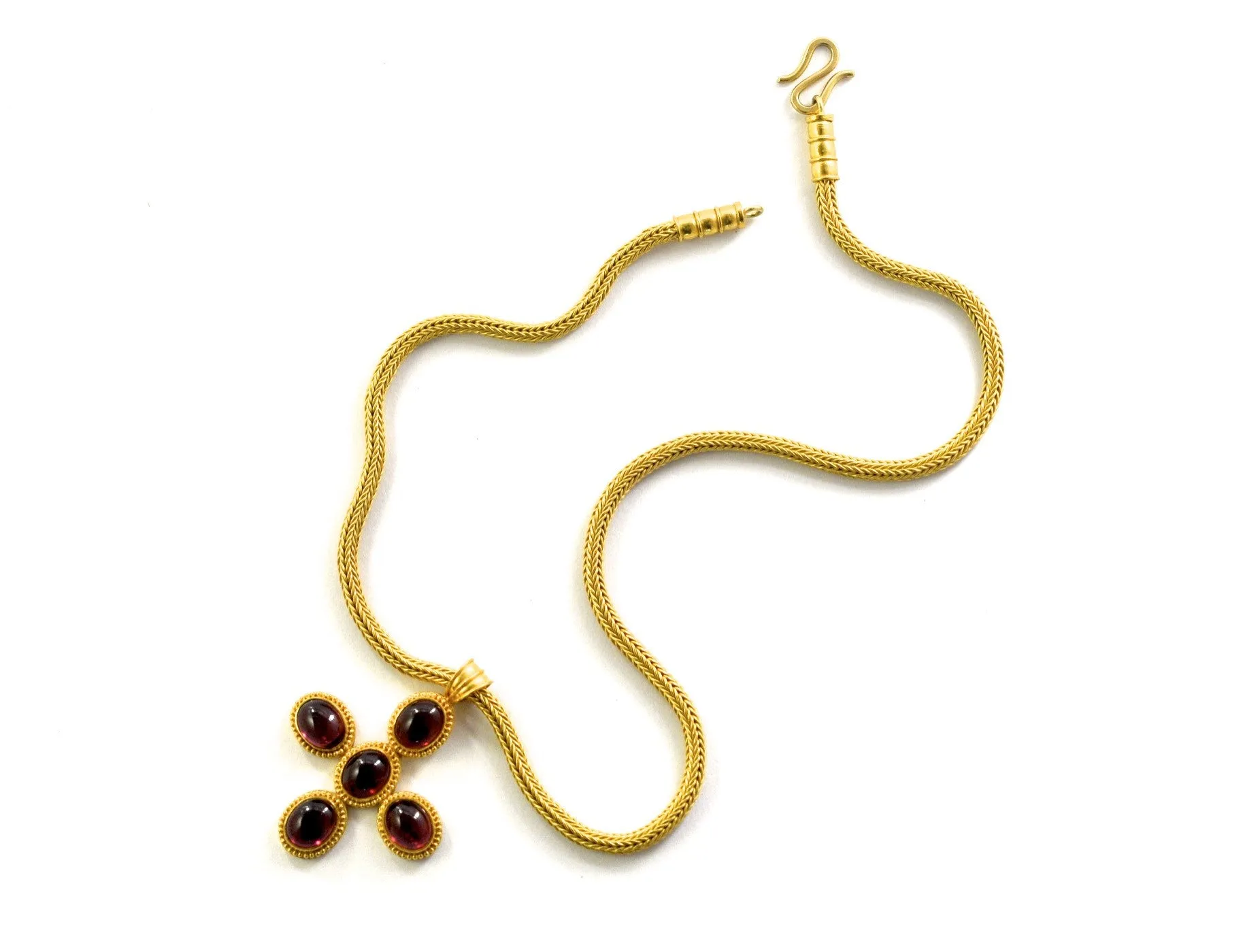 necklace  / gold 22k hand woven chain   Rhodolite cabochons pendant