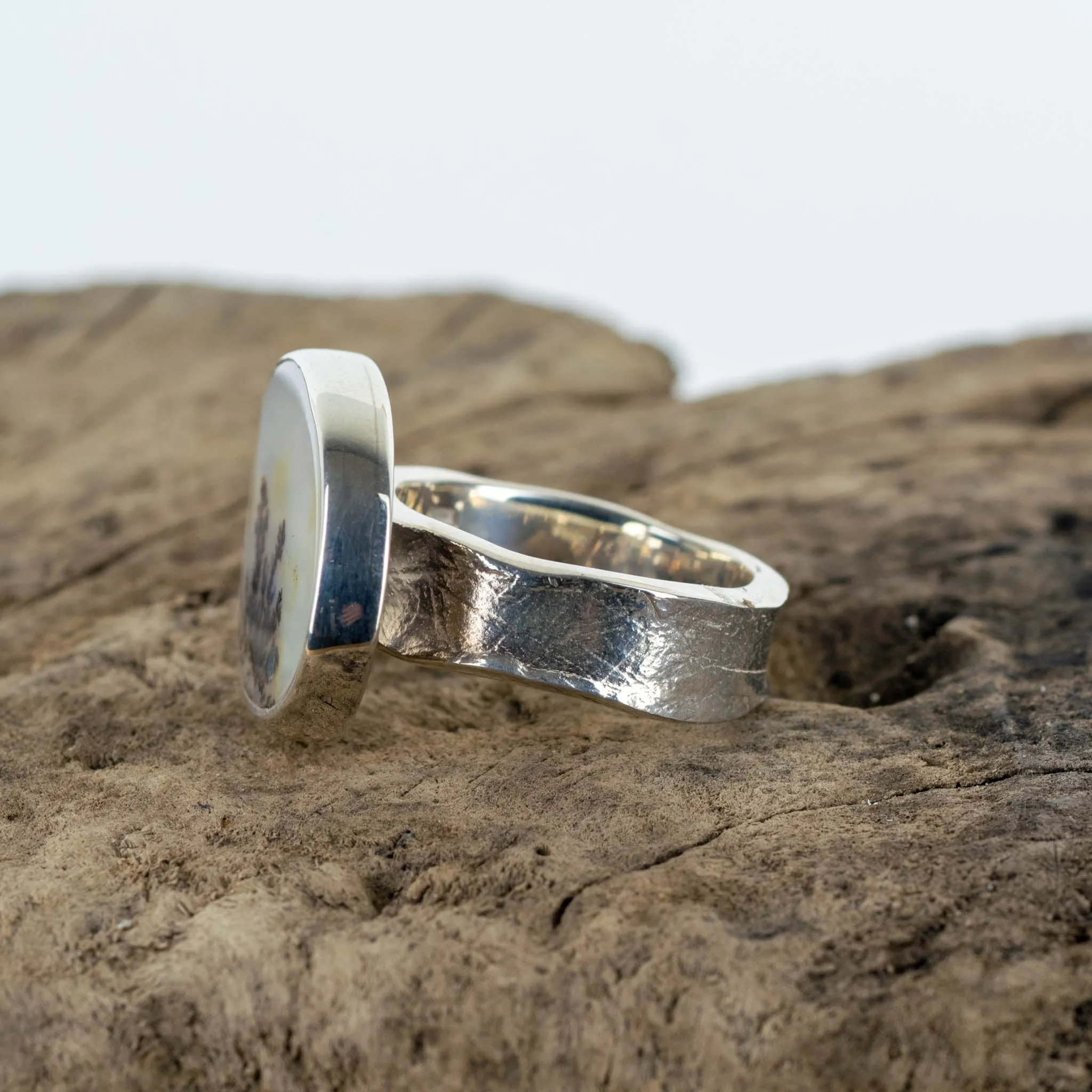 No.137 - Silver Dendritic Agate Ring - Size J 1/2