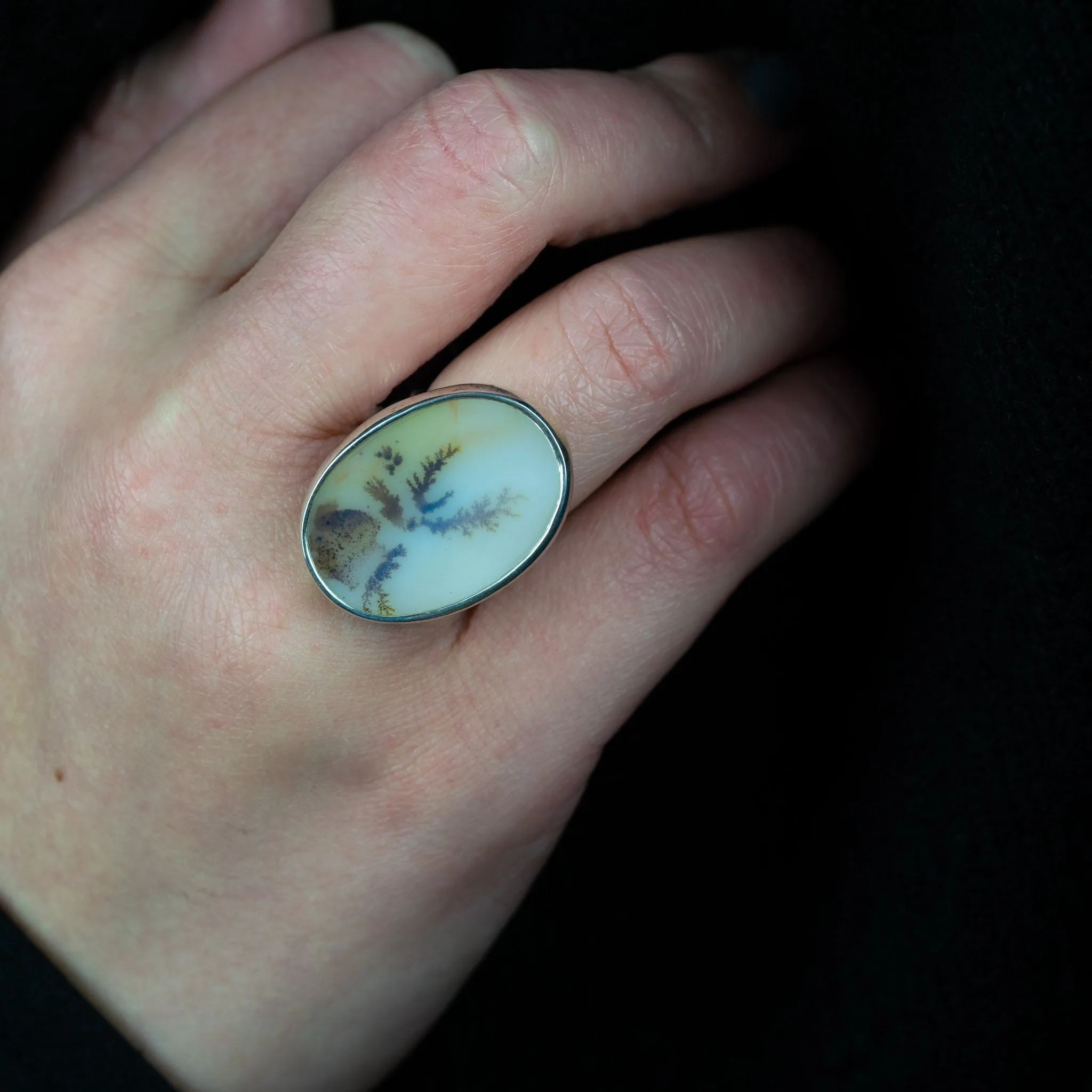 No.277 - Silver Oval Dendritic Agate Ring - Size O