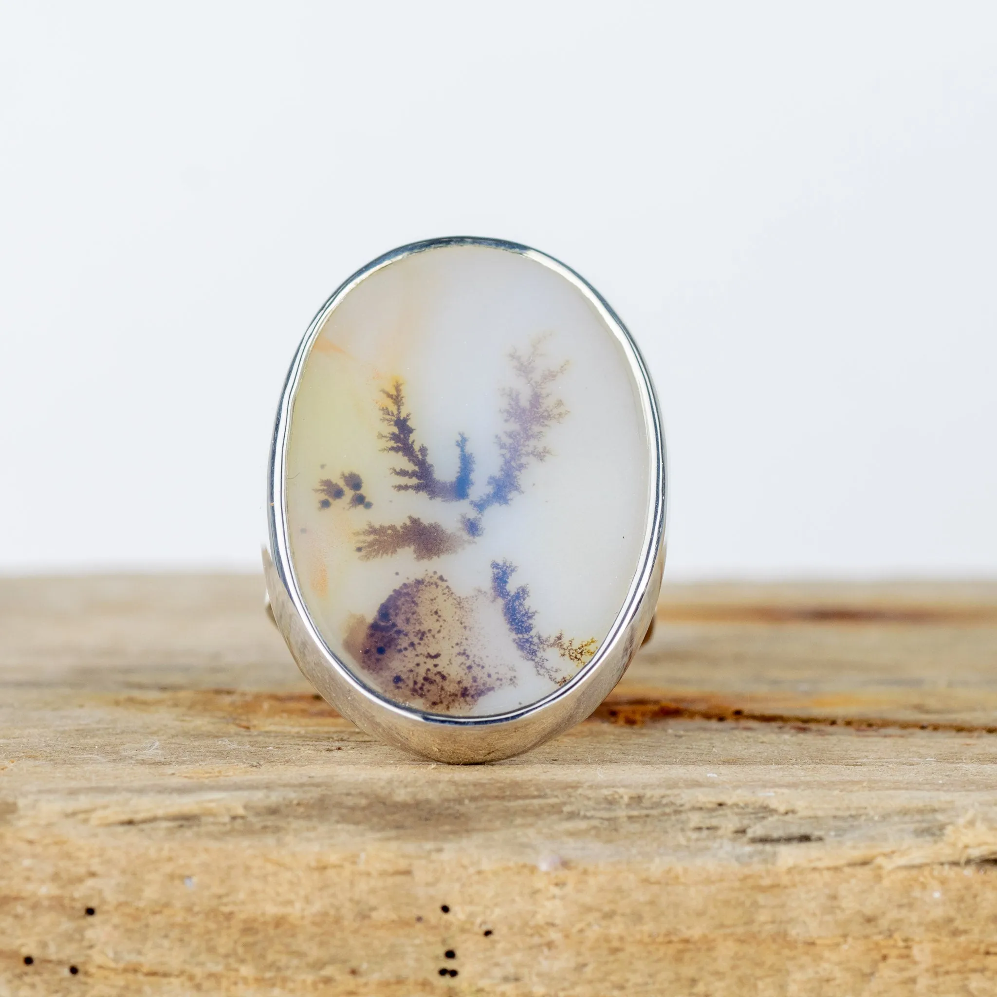 No.277 - Silver Oval Dendritic Agate Ring - Size O