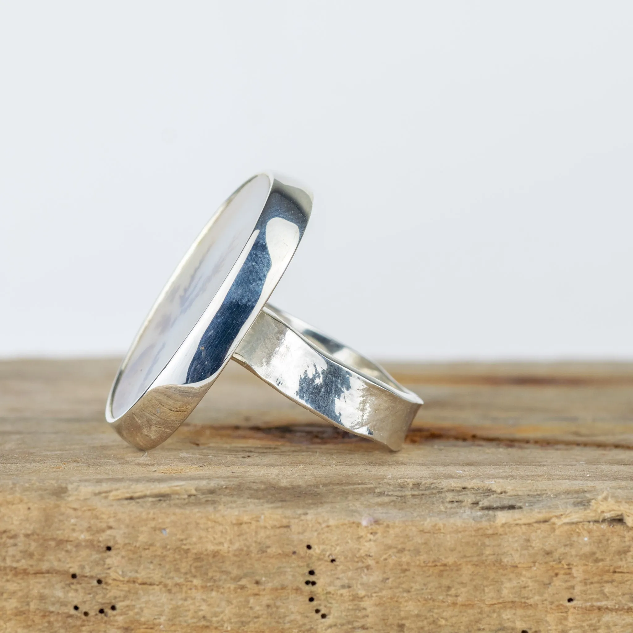 No.277 - Silver Oval Dendritic Agate Ring - Size O