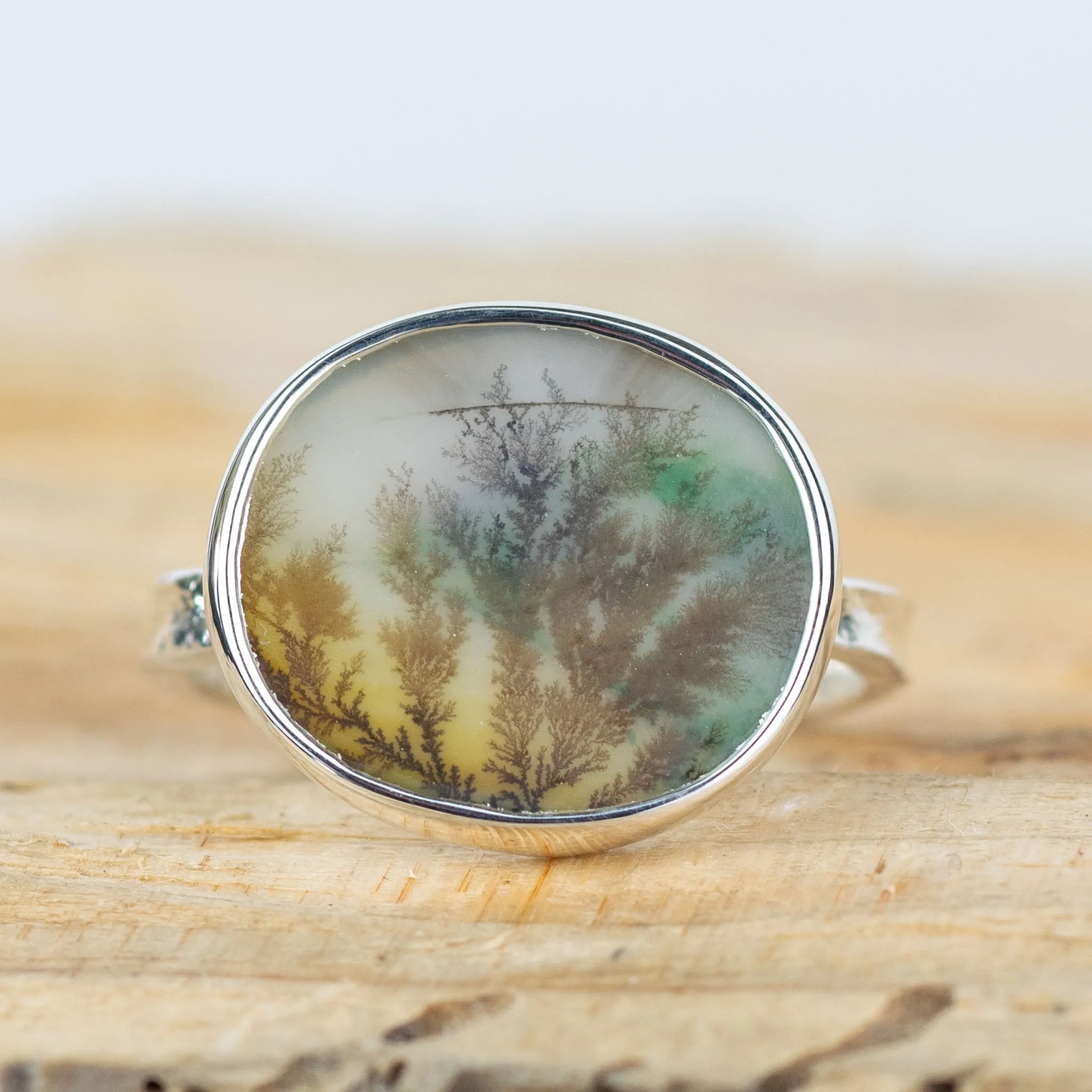 No.634 - Silver Dendritic Agate Ring - Size R