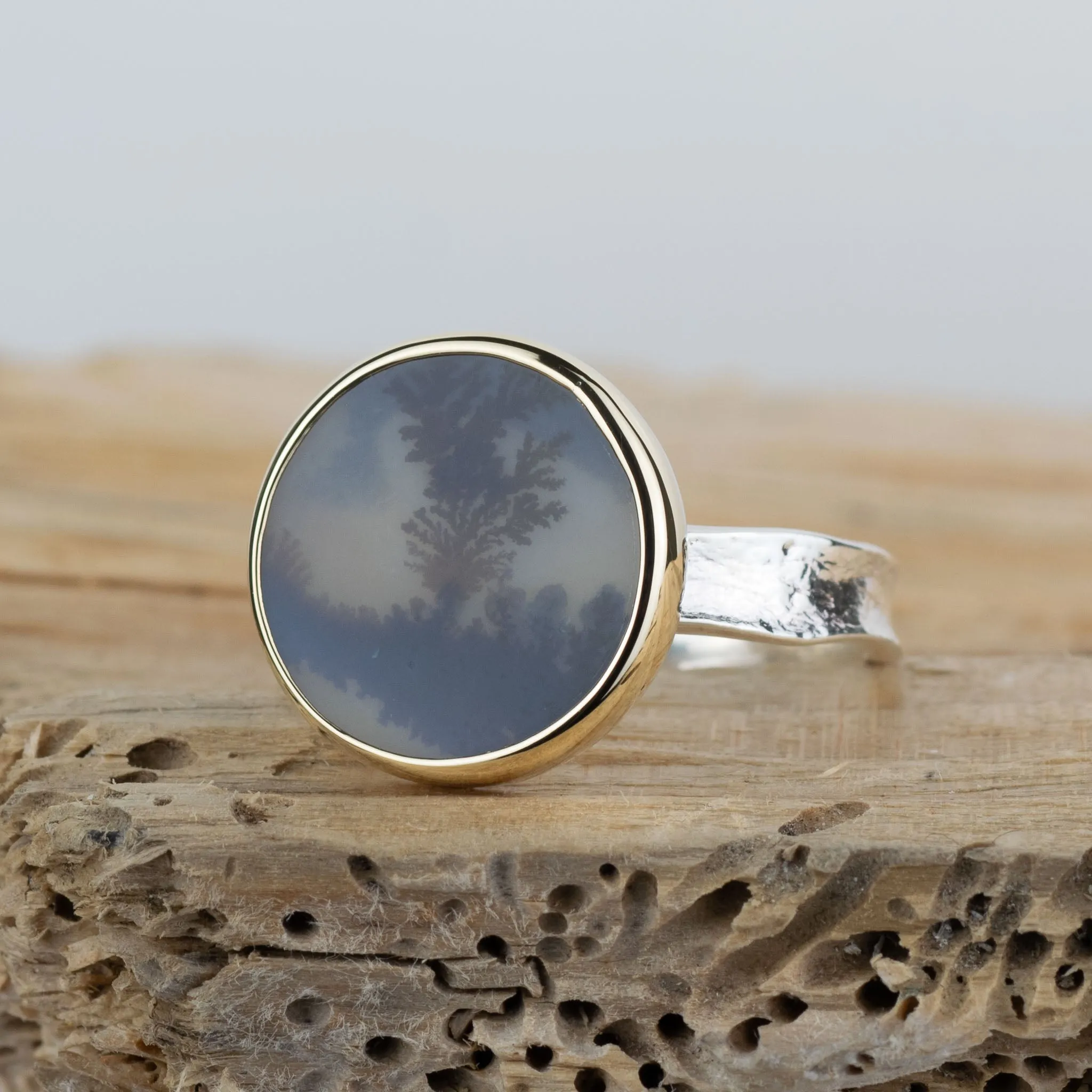 No.683 - Silver and Solid Gold Dendritic Agate Ring - Size T