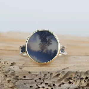No.683 - Silver and Solid Gold Dendritic Agate Ring - Size T