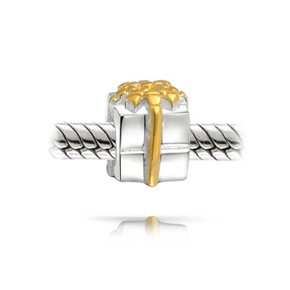 Ribbon Bow Gift Box Charm Bead Sterling Silver for European Bracelet Birthday