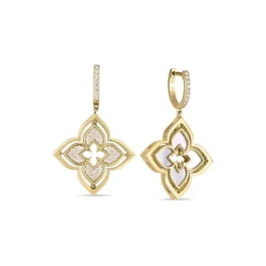 Roberto Coin Gold Venetian Princess Pirouette Pave Diamond & Mother of Pearl Flower Earrings