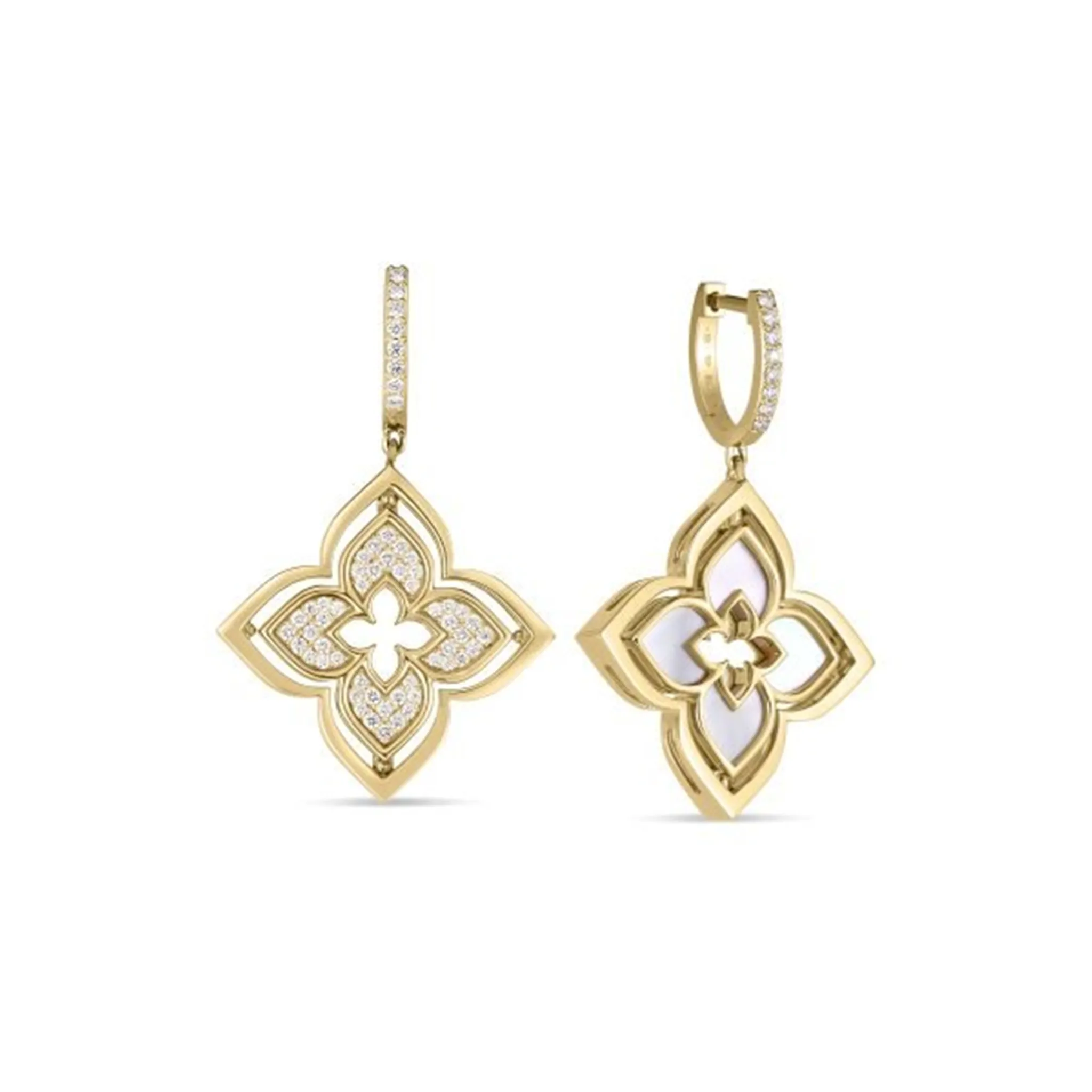 Roberto Coin Gold Venetian Princess Pirouette Pave Diamond & Mother of Pearl Flower Earrings