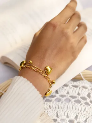 Rubans 18K Gold Plated Stainless Steel TarnishFree Waterproof Heart & Beads Charm Bracelet