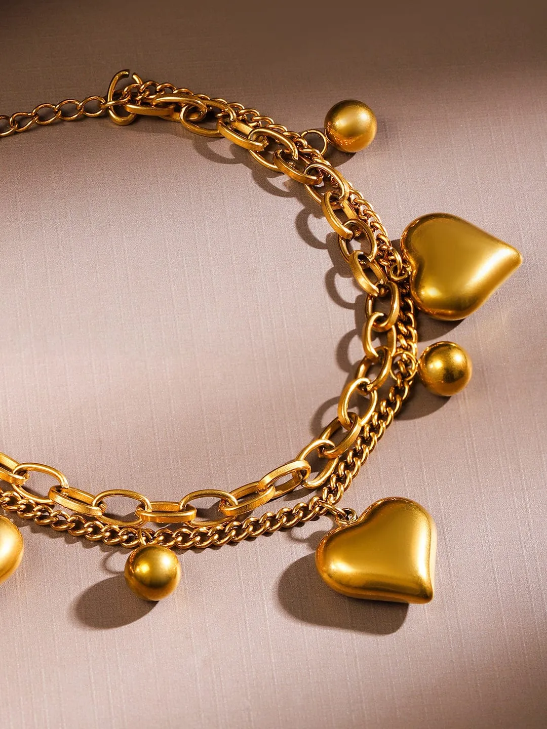 Rubans 18K Gold Plated Stainless Steel TarnishFree Waterproof Heart & Beads Charm Bracelet