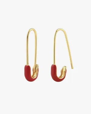 Safety Pin Enamel Hoop Earrings in Red & 18K Gold Vermeil