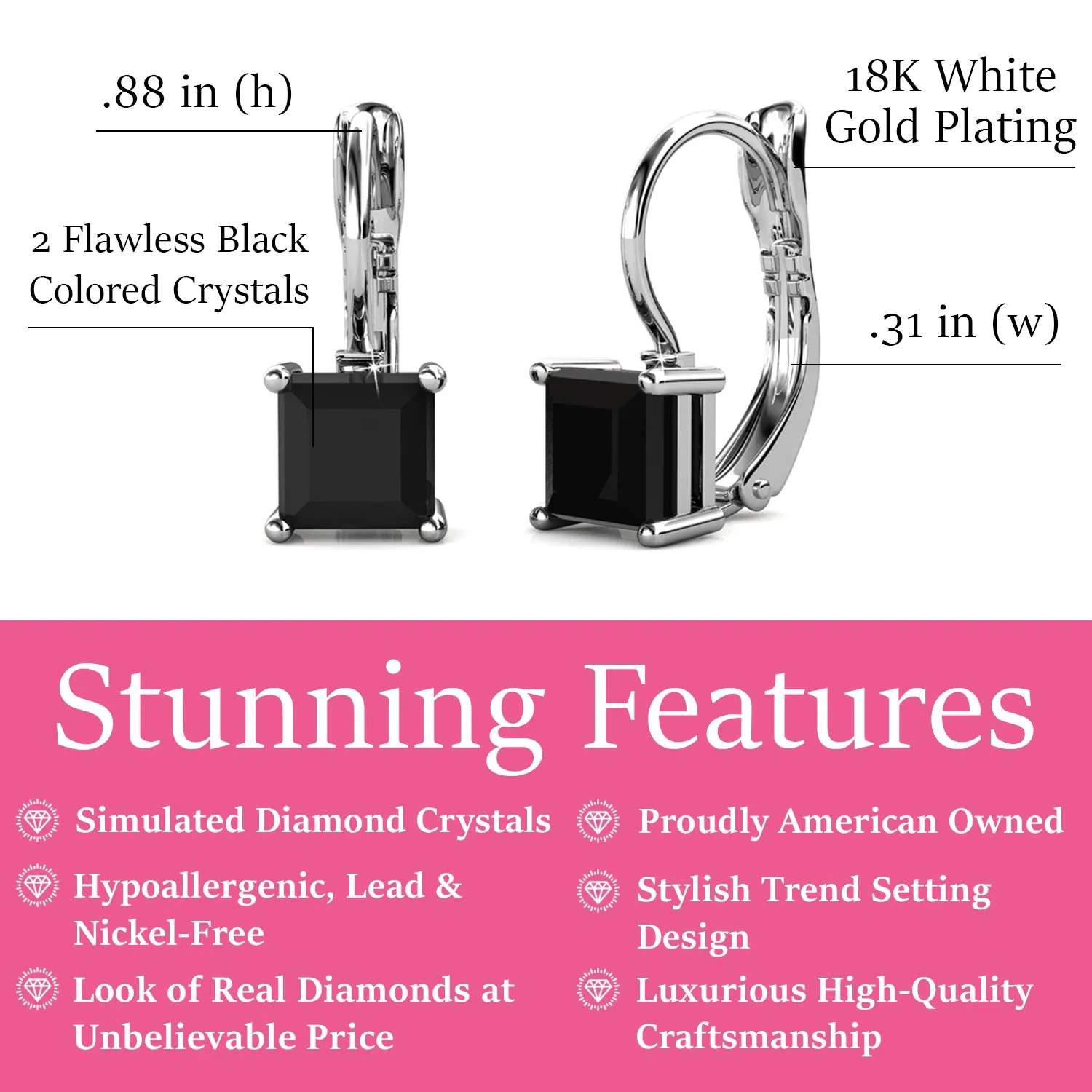 Samantha 18k White Gold Plated Drop Earrings with Black Crystals