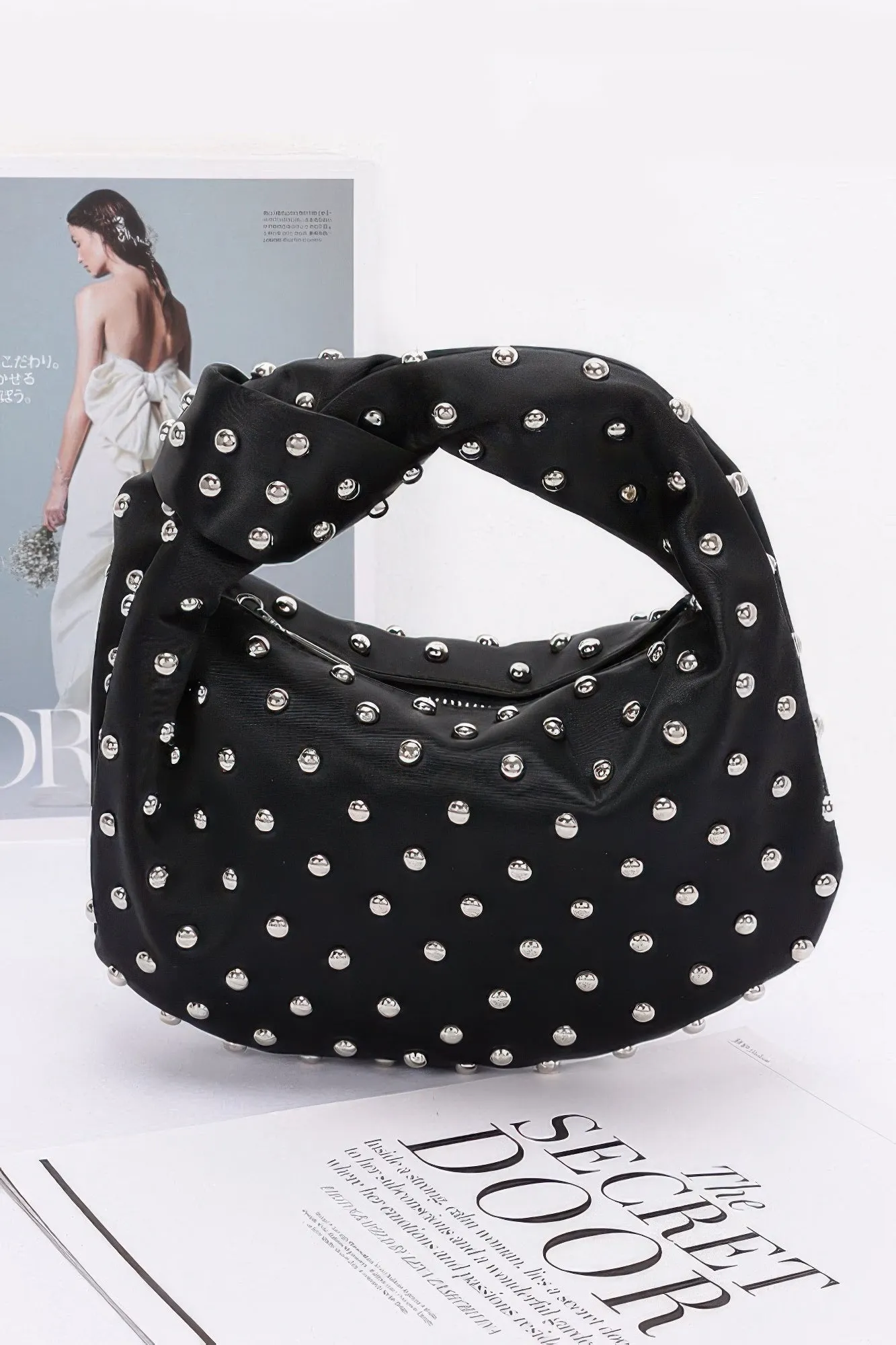 Satin Metal Studded Hobo Bag