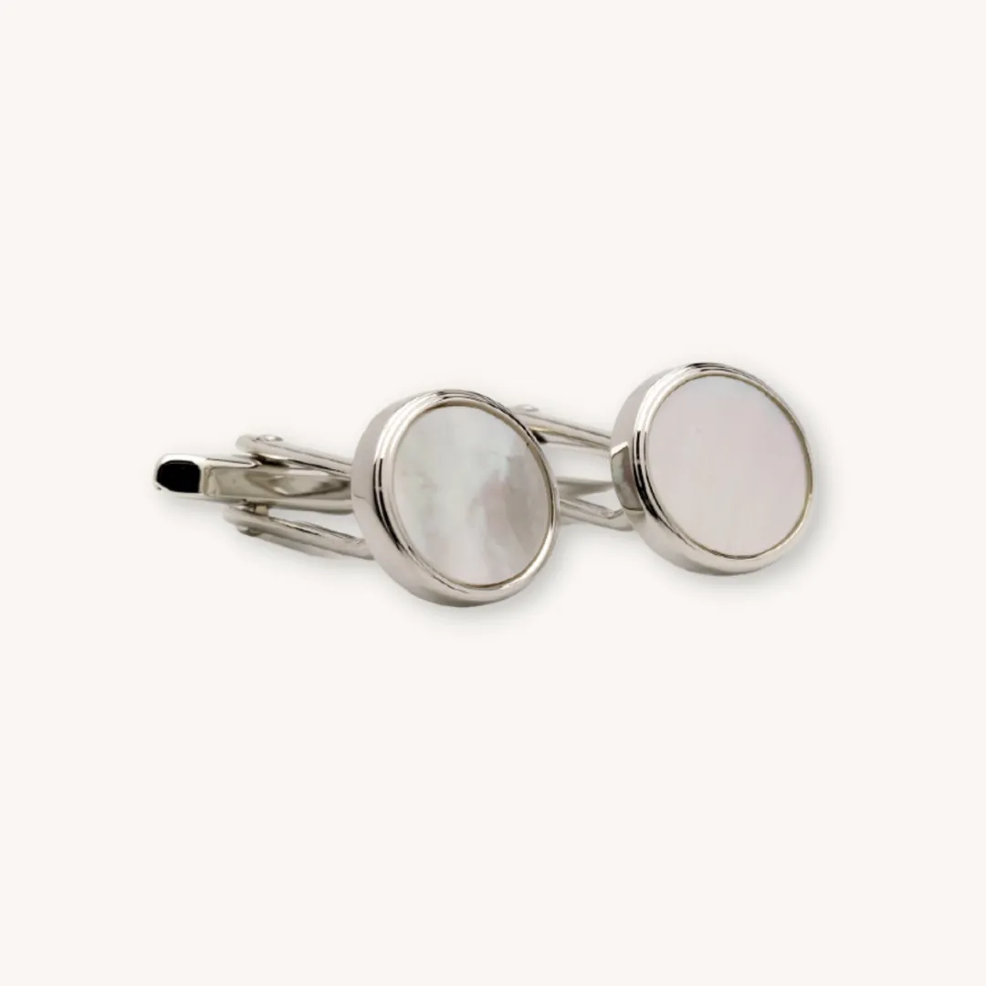Silver Pearl Stone Cufflinks & Studset