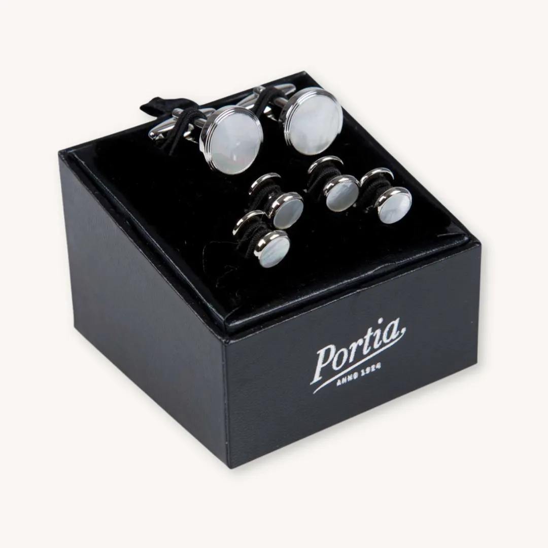 Silver Pearl Stone Cufflinks & Studset
