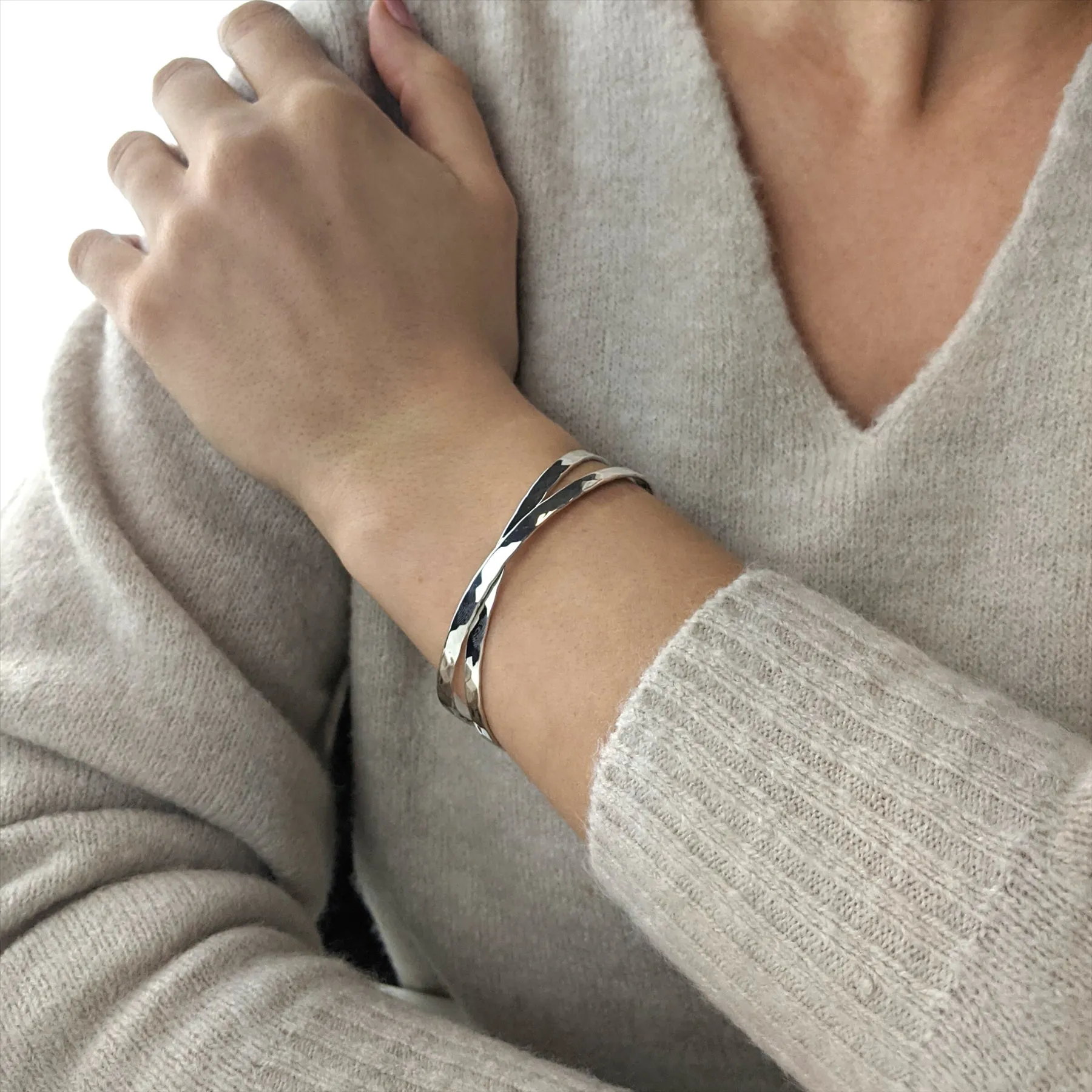 Sterling Silver Hammered Crossover Bangle Adjustable Cuff Bracelet
