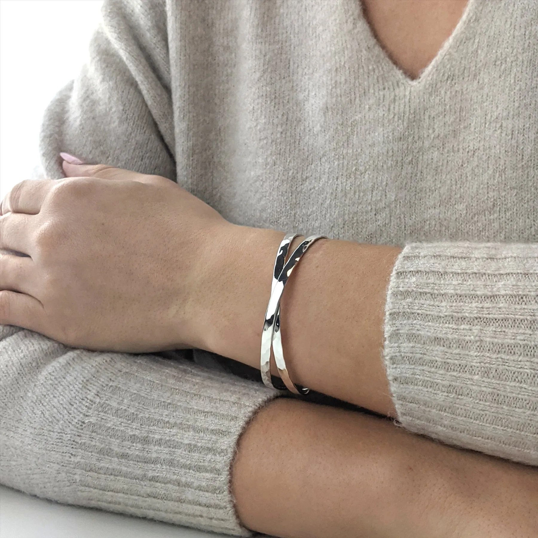 Sterling Silver Hammered Crossover Bangle Adjustable Cuff Bracelet