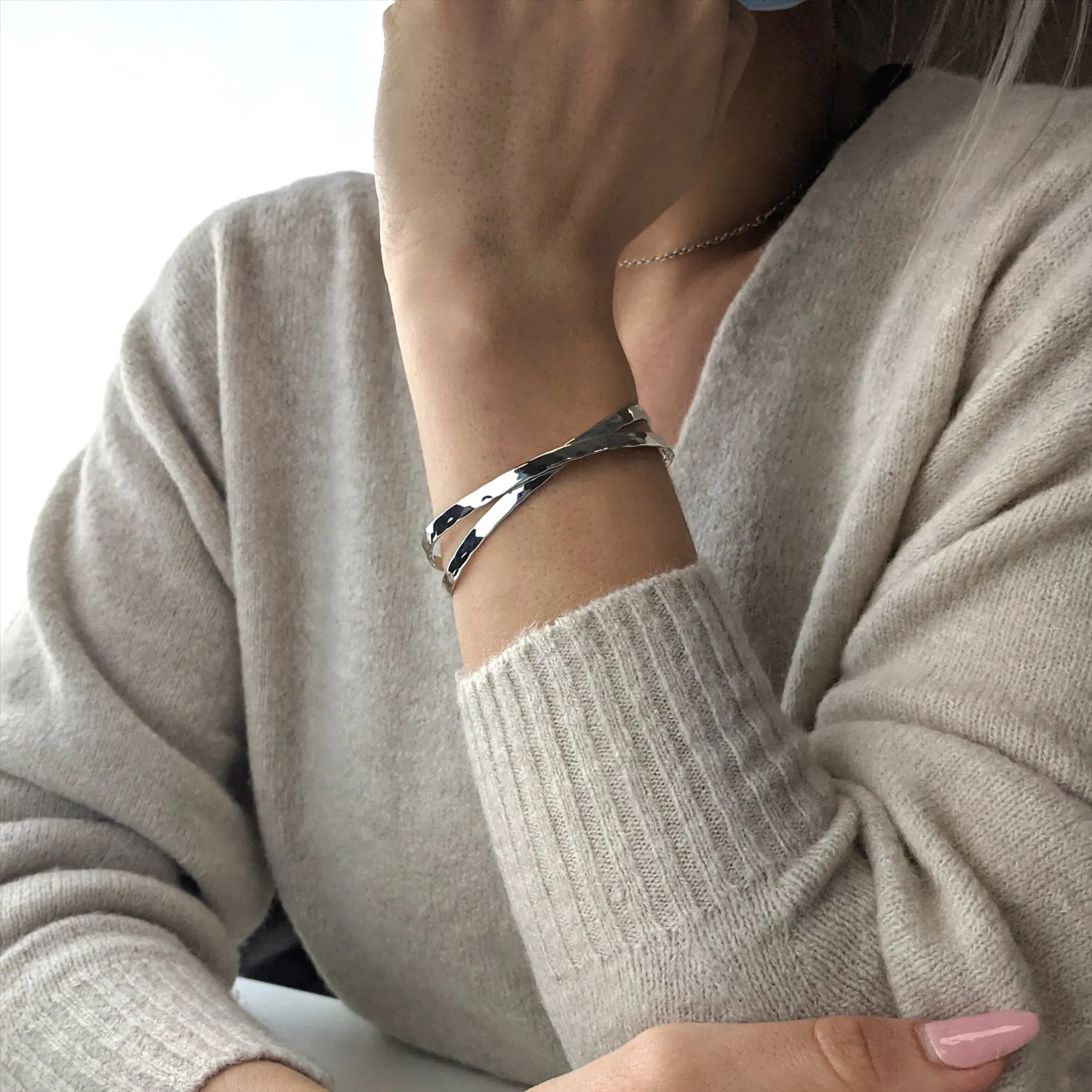Sterling Silver Hammered Crossover Bangle Adjustable Cuff Bracelet
