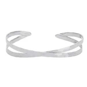 Sterling Silver Hammered Crossover Bangle Adjustable Cuff Bracelet
