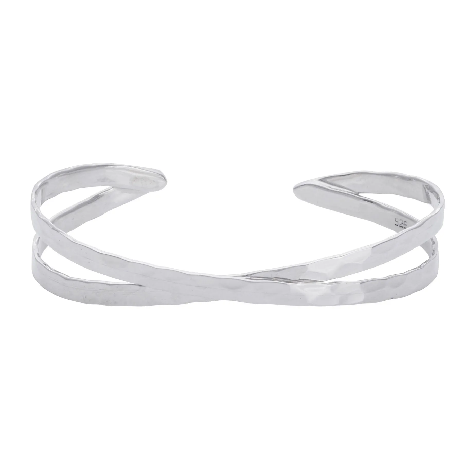 Sterling Silver Hammered Crossover Bangle Adjustable Cuff Bracelet