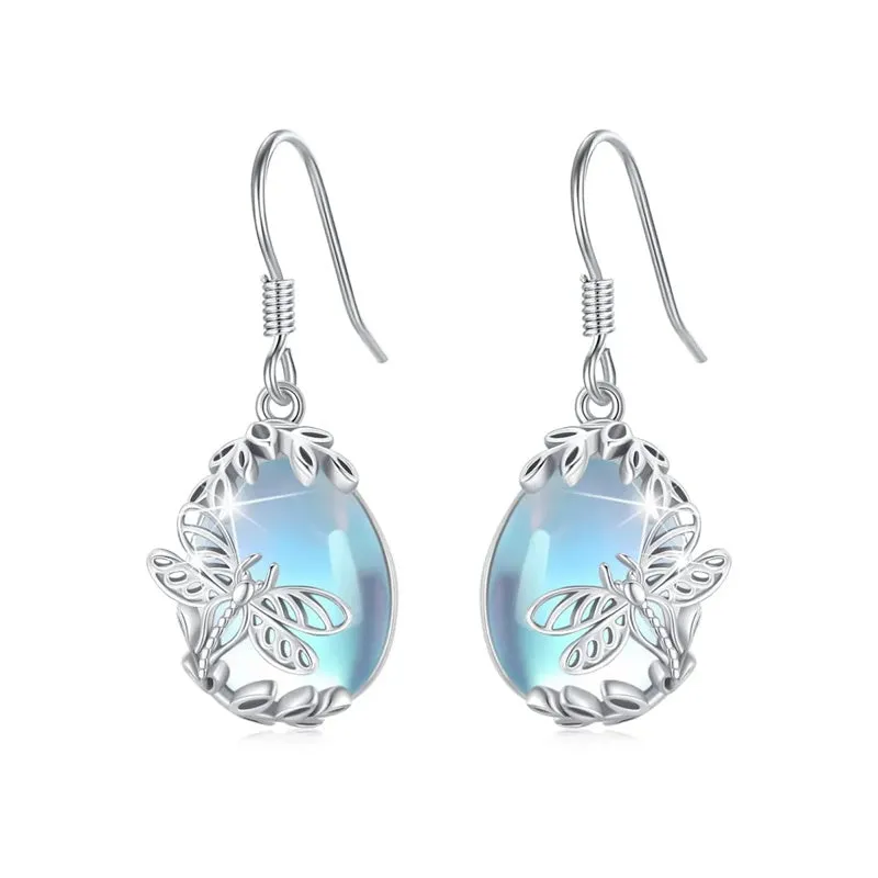 Sterling Silver Moonstone Dragonfly Animal Earrings