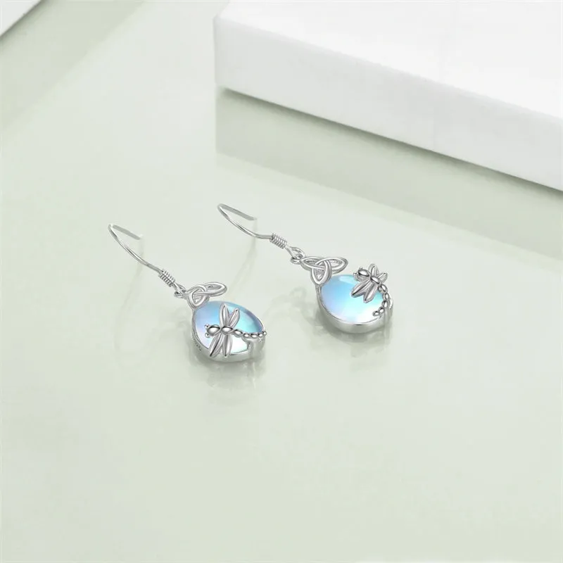 Sterling Silver Moonstone Dragonfly Animal Earrings