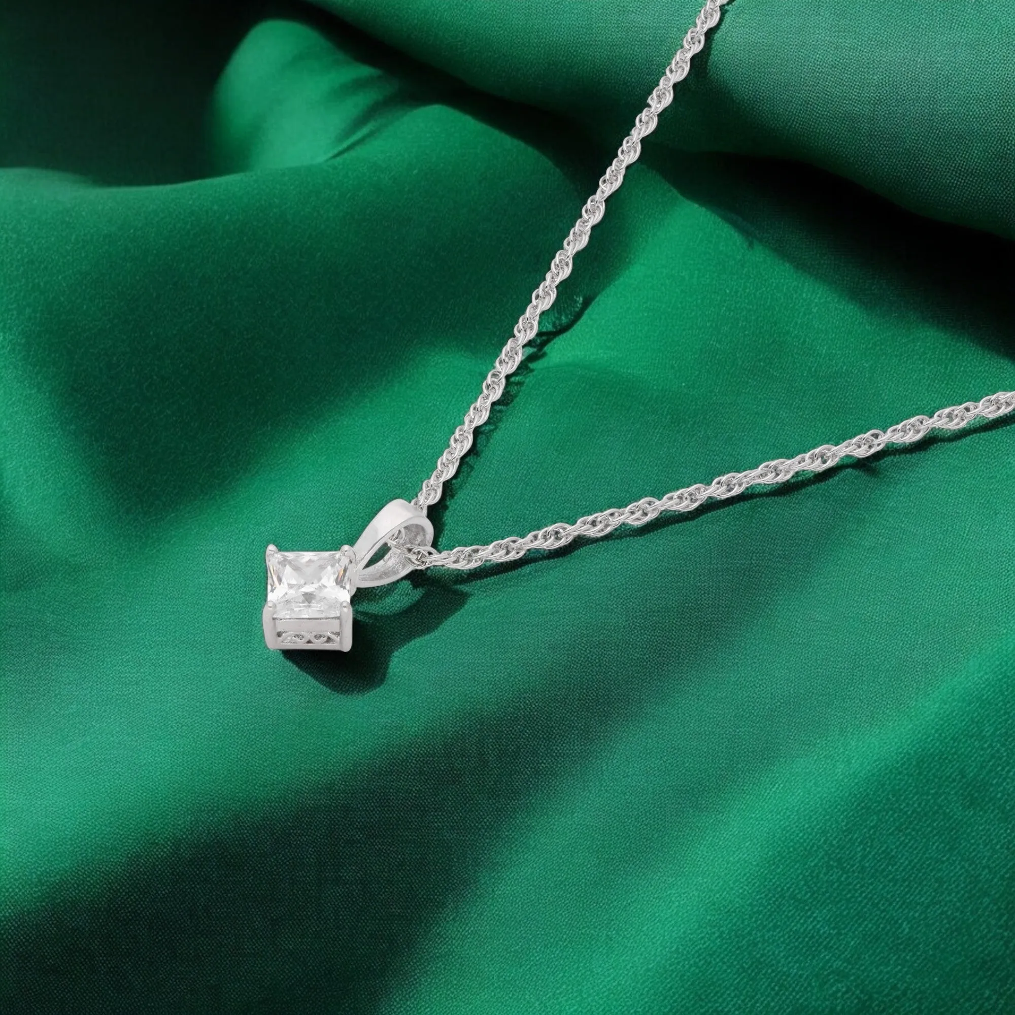 Sterling Silver Princess-Cut Solitaire Pendant Necklace – A Refined Classic | SKU : 0003579466, 0021424564, 0021424571