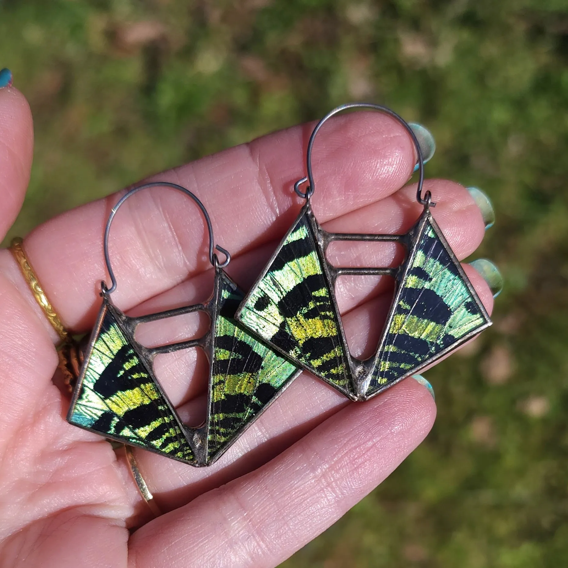 Teal & Emerald Sunset Moth Deep Vertex Hoop Earrings