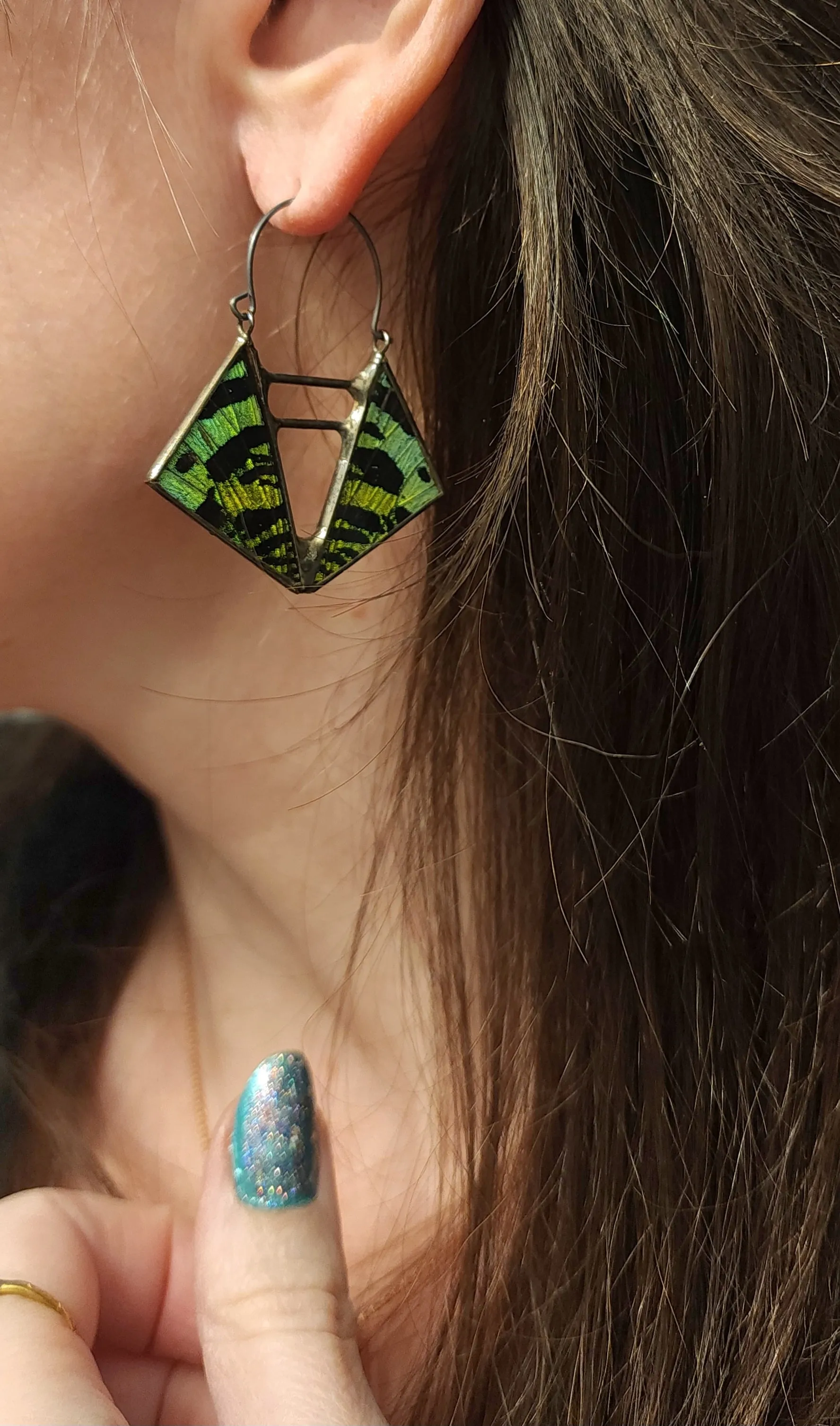 Teal & Emerald Sunset Moth Deep Vertex Hoop Earrings