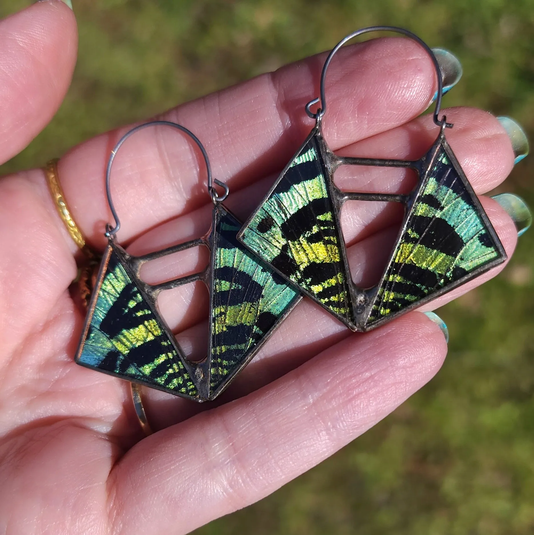 Teal & Emerald Sunset Moth Deep Vertex Hoop Earrings