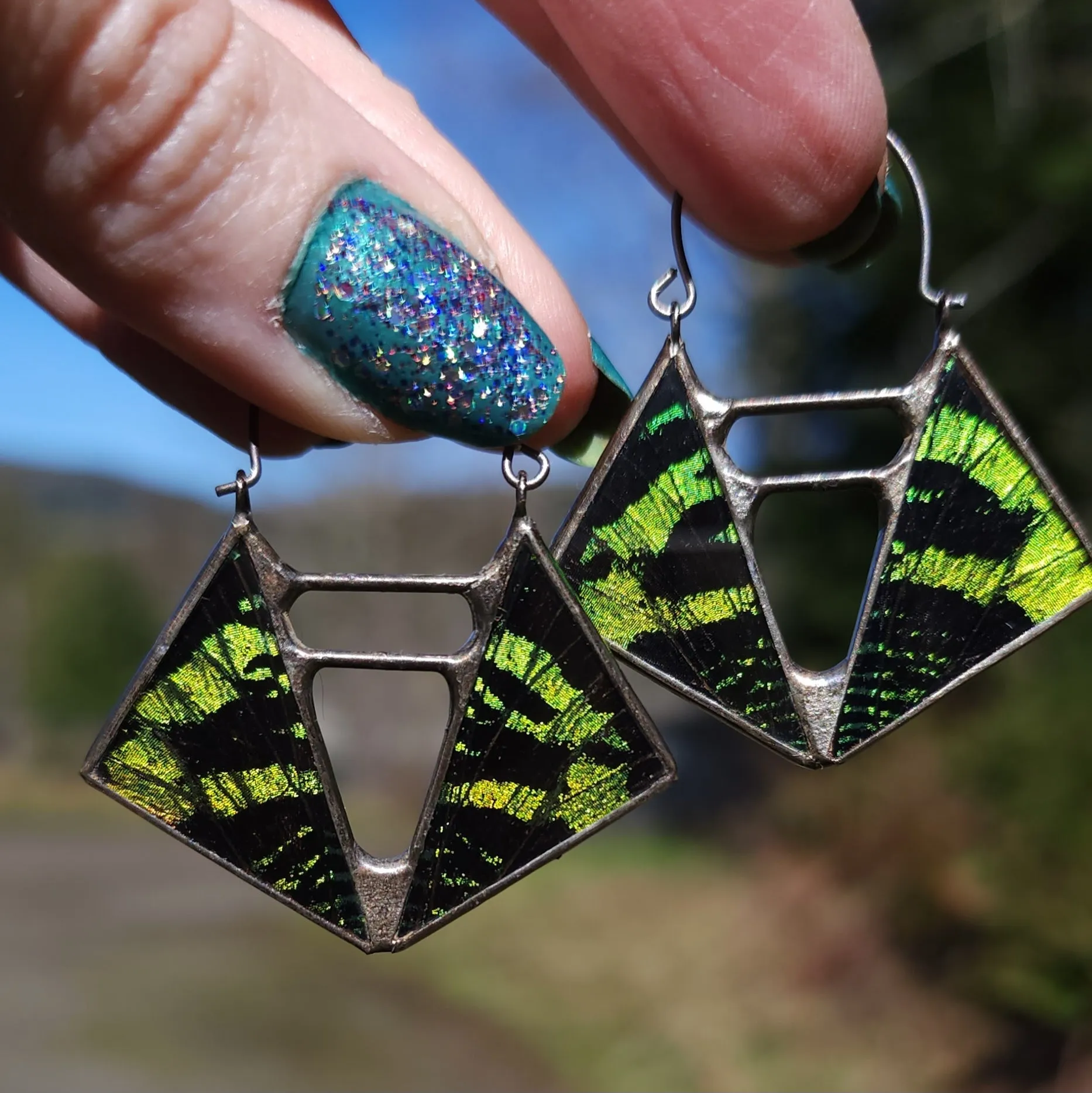 Teal & Emerald Sunset Moth Deep Vertex Hoop Earrings