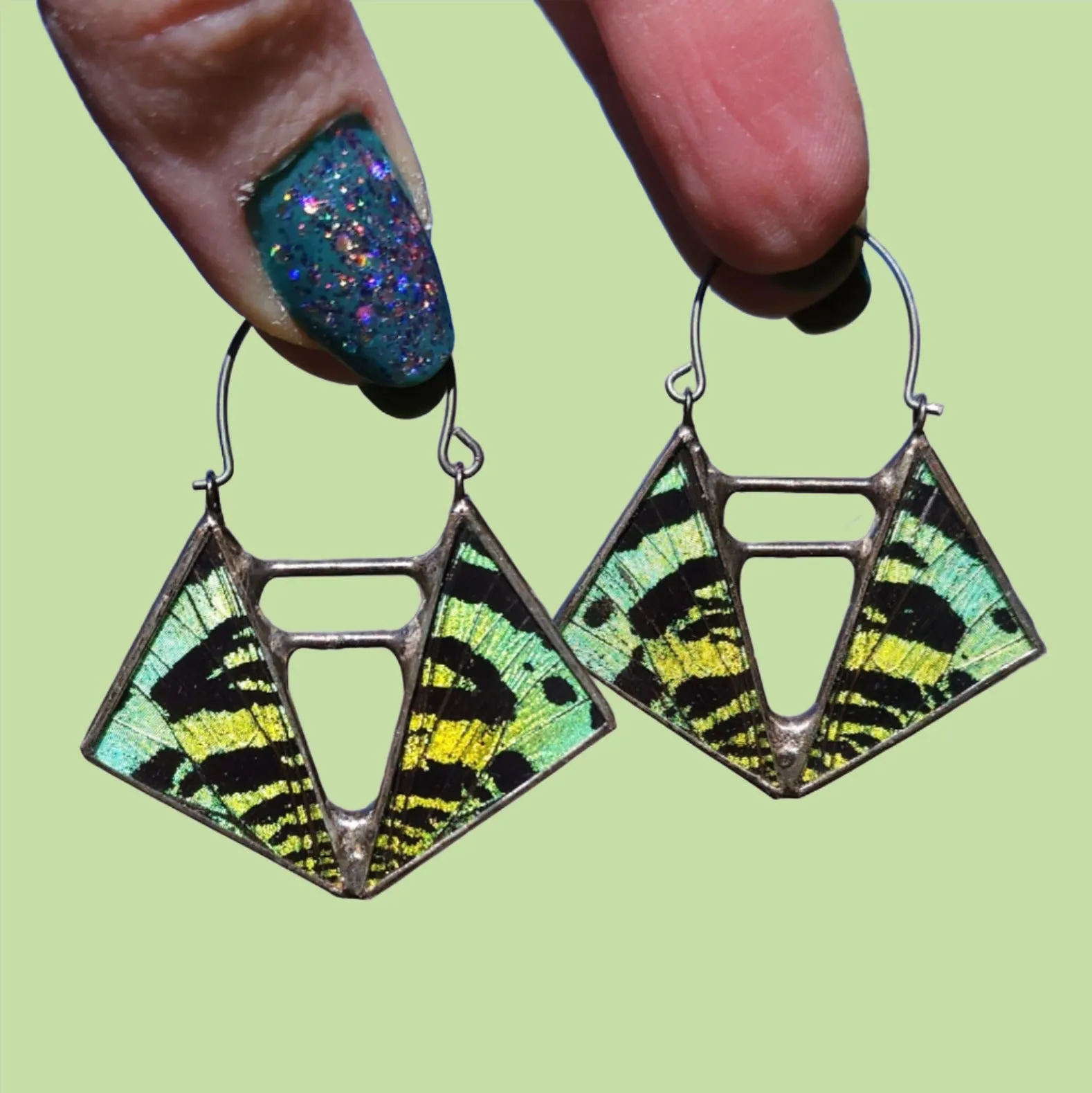 Teal & Emerald Sunset Moth Deep Vertex Hoop Earrings