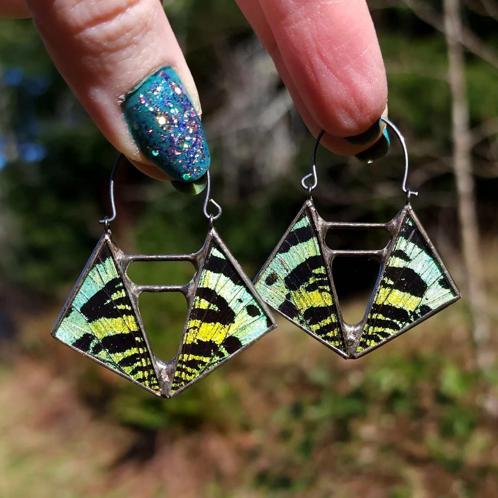 Teal & Emerald Sunset Moth Deep Vertex Hoop Earrings