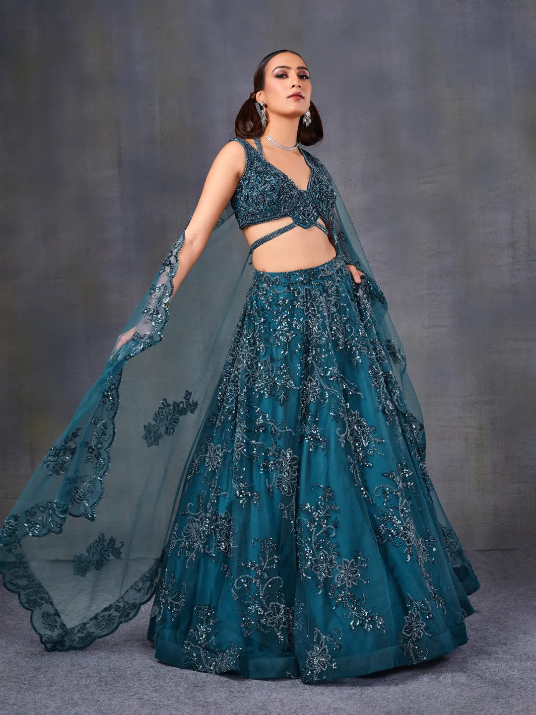 Teal Blue Sequined Net Lehenga