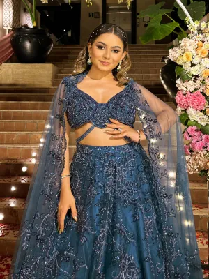 Teal Blue Sequined Net Lehenga