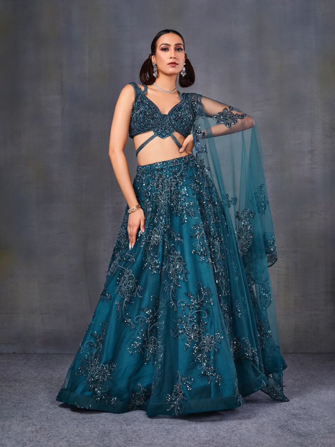 Teal Blue Sequined Net Lehenga